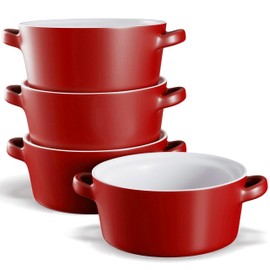 Kook Soup Crocks, Ceramic Stackable Bowls, Broil, Oven, Microwave and Dishwasher Safe, with Handles, For Casserole, Pasta, Cereal, Capacity 18 oz, Set of 4, (Matte Red)