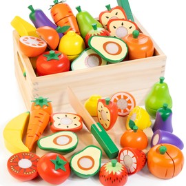 Wooden Play Food for Toddlers, Velcro Fruit and Veggies Cutting Set for Kids, Pretend Food Play Kitchen Accessories for 3 4 5 6 7 Years Old Boys & Girls