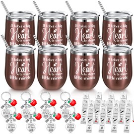 Skylety 24 Pcs Teacher Appreciation Gift Bulk 12 oz Teacher Wine Tumbler with Straw and Lid Brush Thank You Gift with Keychains Bookmark for Teacher's Day Retirement Graduation(Rose Gold)