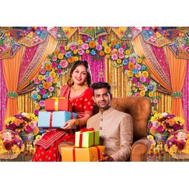 Indian Wedding Backdrop Indian Themed Marigold Floral Background India Traditional Festival Flowers Bridal Shower Party Decorations Banner Supplies (82x59inch(7x5FT))