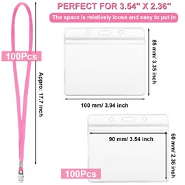Marspark 100 Sets Clear Name Tags with Lanyard, Lanyards for ID Badges Reusable Strap with ID Holder Plastic Name Badges for Adults Business School Church Conference (Pink)