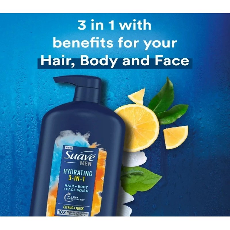 Suave Men 3 in 1 Mens Body Wash, Hair, Face