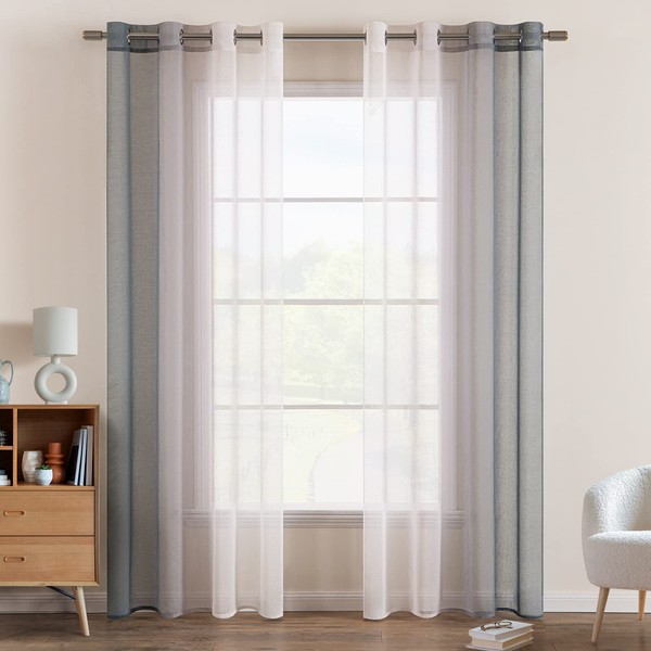 EMEMA Voile Curtain Two-Tone Curtain with Eyelets Transparent Curtain Eyelet