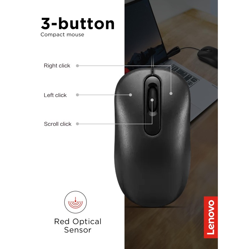 Lenovo 100 Wired USB Computer Mouse for PC, Laptop, Computer