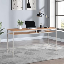OSP Home Furnishings Modern 60-inch Woodgrain Top Multipurpose Desk Table, Taupe Metal Frame with Oak Top Finish