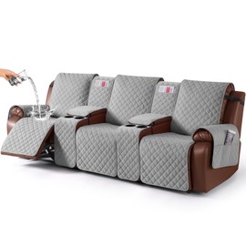 KinCam 100% Waterproof Recliner Sofa Cover with Console, Non-Slip Reclining Couch Covers for 3 Seat, Recliner Sofa Cover Furniture Protector with Elastic Straps for Kids, Pets, Light Gray