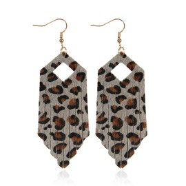 Simple Genuine Leather Geometric Drop Earrings - Bohemian Lightweight Hook Dangles Calf Hair Teardrop, Zebra Petal Leaf, Leopard Hoop (Fringe Tassel Leopard - Gray)