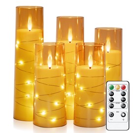 Raycare Flameless LED Candles with Embedded Star String, 5 Pcs Battery Operated Acrylic Pillar Candles with Timer and Remote, Flickering Candles for Romantic Ambiance and Home Decoration(Glod)
