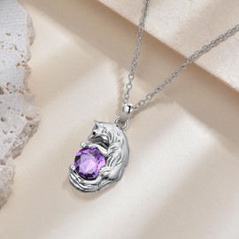Gnteey Fox Necklace in 925 Sterling Silver with Natural Amethyst Pendant for Women