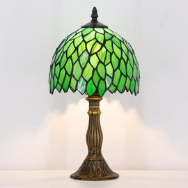 Small Tiffany Lamp Stained Glass Desk Lamp Vintage Tiffany Bedside Table Lamp for Home Living Room Bedroom Nightstand 8X15 Inch (Green Wisteria Style)