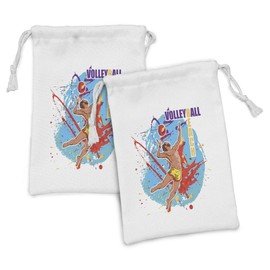 Ambesonne Beach Fabric Pouch Set of 2, Vector Illustration of a Man Serving an Overhead Ball in Beach Volley Print, Small Drawstring Bag for Toiletries Masks and Favors, 9" x 6", Sky Blue and Red