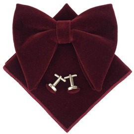 Justar Men's Oversized Pre-Tied Bow Tie Tuxedo Burgundy Velvet Bowtie Cufflinks Hankie Combo Sets(Burgundy)