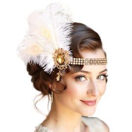 Formery Rhinestones 1920s Flapper Headpiece Roaring 20s Headband Feather Gatsby Headbands Wedding Cocktail Party Hair Accessories for Women