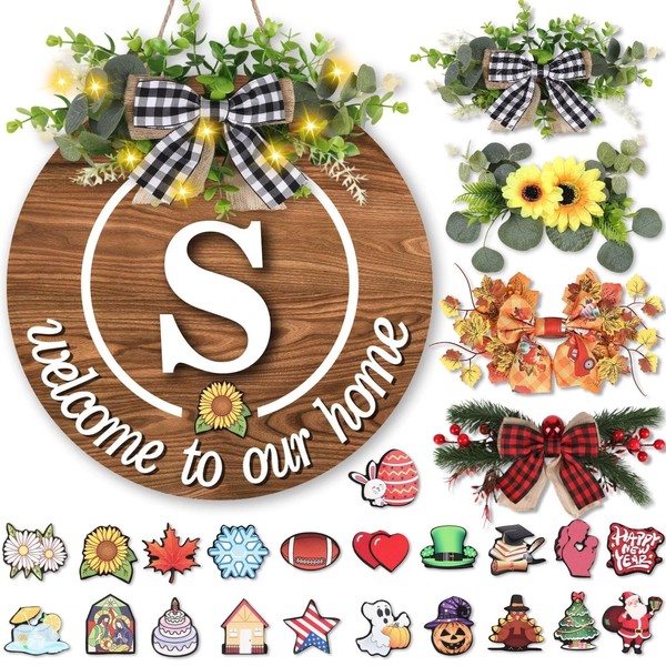 Interchangeable Welcome Sign with 26 Initial Letters 4 Seasonal Wreaths