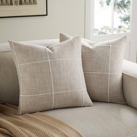 YZJZEDS 2 Packs Grid Embroidery Throw Pillow Covers, 20x20 Inch Taupe, Farmhouse Cotton Linen Decorative Light Brown Cushion Covers for Sofa Bed Living Room Home Decor