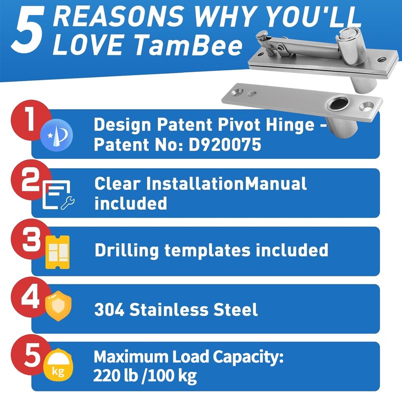 TamBee Door Pivot Hinges Heavy Duty Hinges for Wood Doors
