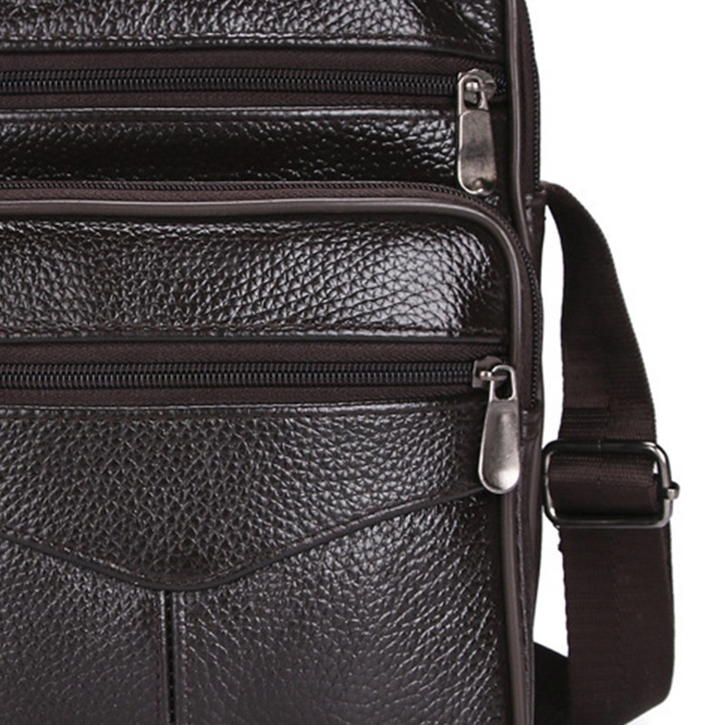 Business Shoulder Bag Black Cowhide Metal Zippers Large Capacity Business