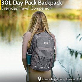 Trail Aspen 30L Day Pack Backpack for School Work Hiking Camping Travelling, Breathable Padded Back & Straps, 3 Zip Compartments, Internal Pockets, Bungee Cords, USB/Headphone Port, Water Resistant