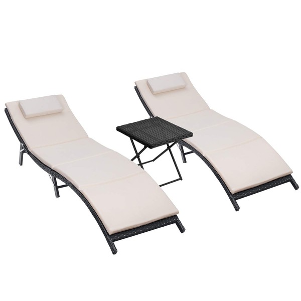 Homall 3 Pieces Patio Chaise Lounge Chair Sets Outdoor Beach Pool PE Rattan Reclining Chair with Folding Table and Cushion (Beige)