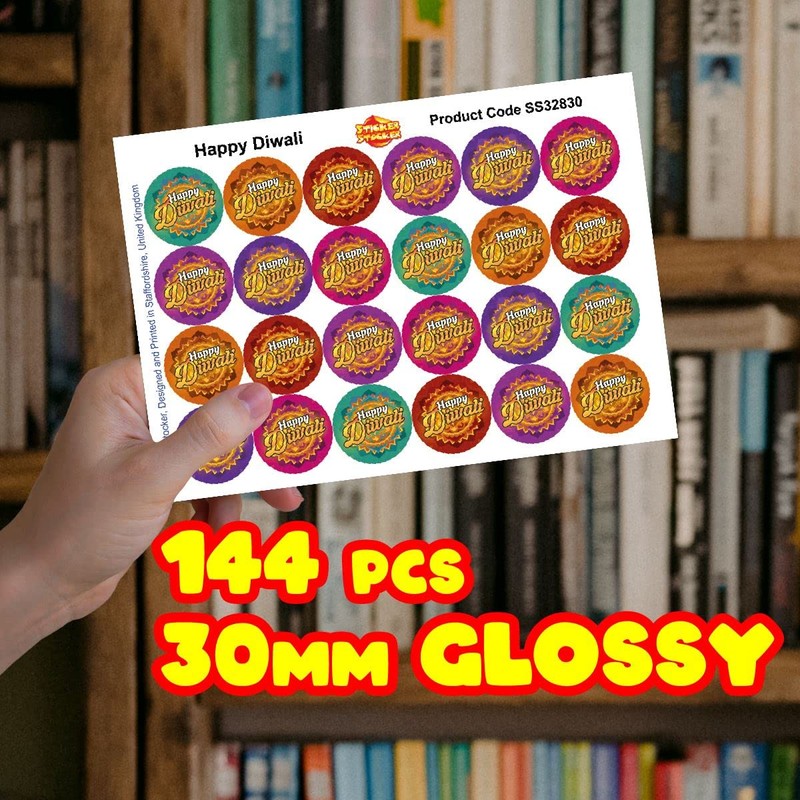 144 Colourful Happy Diwali 30mm Glossy Stickers