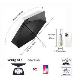 Mini Travel Folding Umbrella with Carabiner Handle for Men and Women and Children / Sun Protection Pocket Umbrella / Small Lightweight Compact / Outdoor UV Protection / Teflon Coating / Rain / 6 Ribs