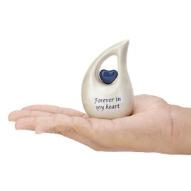 White Tear Drop Small/Mini Urns for Human Ashes with Blue Heart (3 Inch Height) - Unique Medium/Mini Urn - Decorative Urns - Cremation Urn - Keepsake Urn - Funeral Urn - Small Pet Urn - ERN.