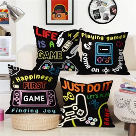 Joymaison Gamer Room Video Game Throw Pillow Covers 45x45 cm Set of 4 Controller Gaming Cushion Covers Home Decor for Teen Boy Bedroom Playroom Couch Chair