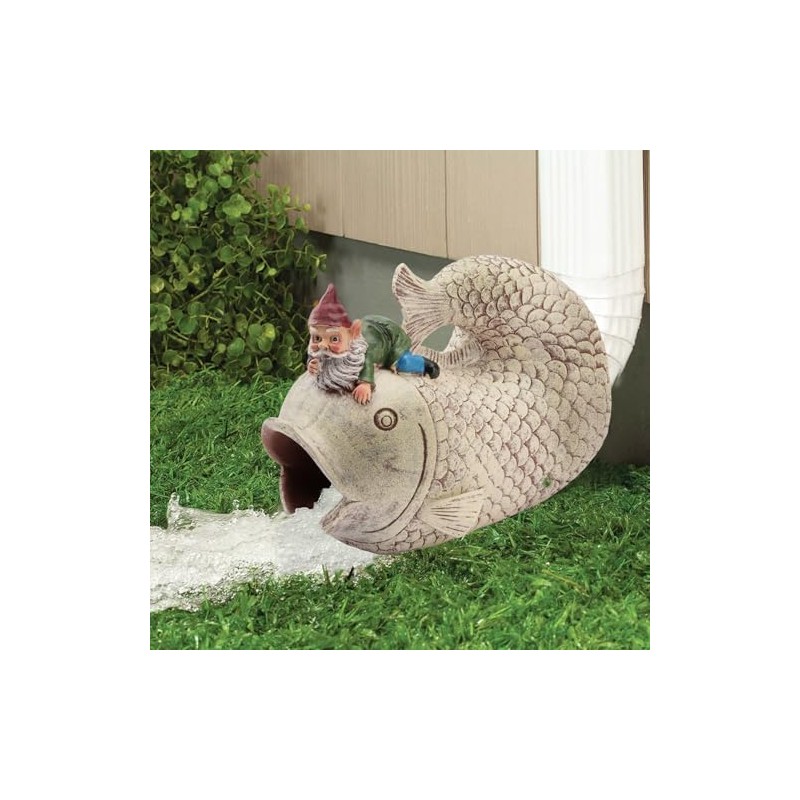 Elenon Fish with Gnome Decorative Gutter Downspout Extension Statue, Gutter