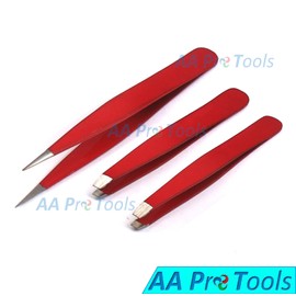 AA Pro 3pcs Red Eyebrow Tweezers/Set - Best Stainless Steel Plucking Hair Tweezers