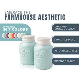 Vintage Mason Jar Salt & Pepper Shakers by Comfify - Adorable Decorative Mason Jar Decor for Vintage, Rustic, Shabby Chic - Sturdy Ceramic in Aqua Blue - 3.5 oz. Cap.