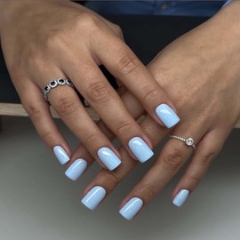Square Press On Nails Short Blue False Nails with Solid Color Design Summer Acrylic Full Cover Glossy Glue On Stick On Nails for Women Reusable Manicure 24pcs