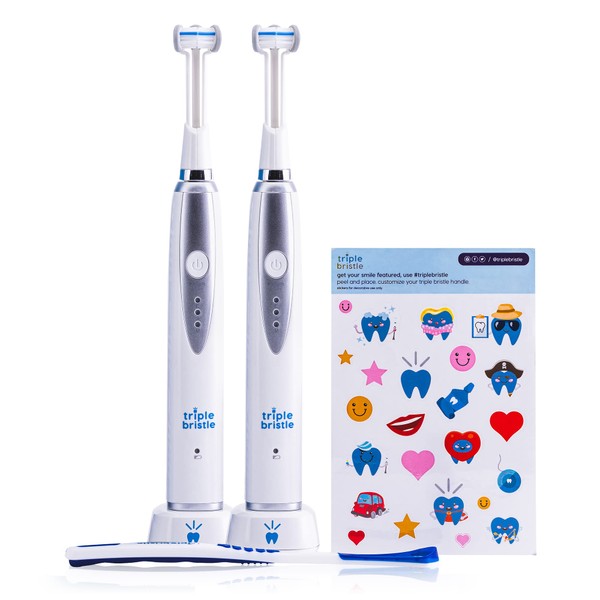 Triple Bristle Kids Sonic Toothbrush | 2 Pack | 3-Sided Brushing to Clean Teeth and Gums | Dentist Created & Approved | Fun Sticker Rewards | Rechargeable Toothbrush