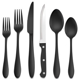LIANYU 36-Piece Black Flatware Set with Steak Knives, Stainless Steel Silverware Cutlery Set for 6, Tableware Eating Utensils, Mirror Finished, Dishwasher Safe