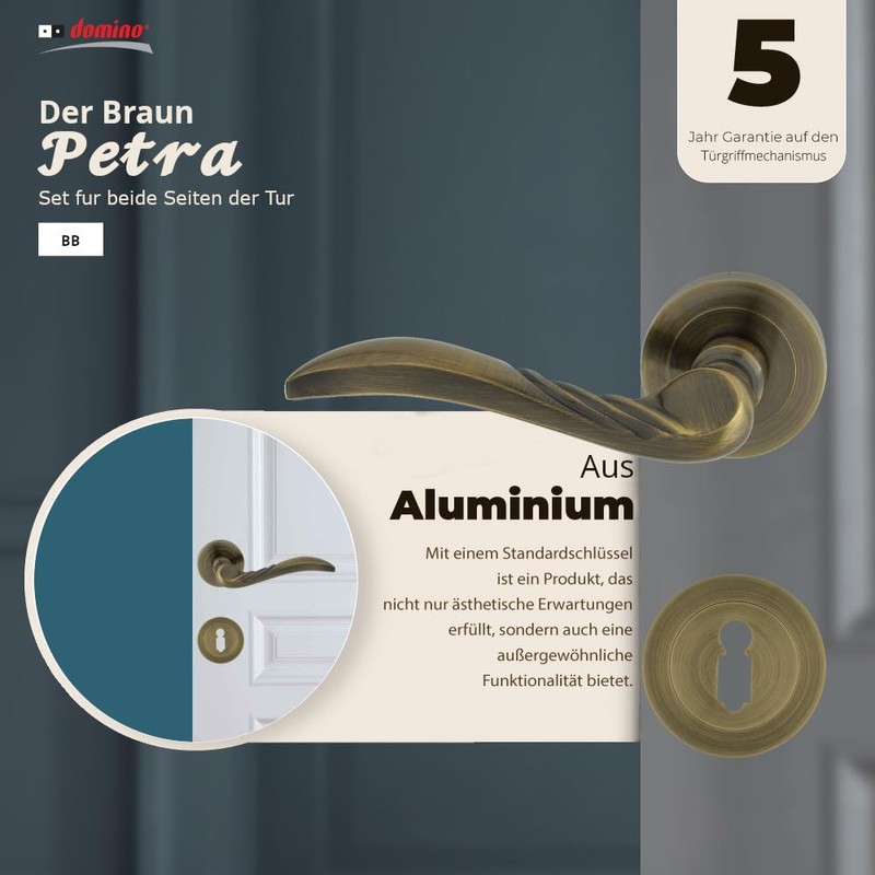 DOMINO DOOR HANDLE SET PETRA-R M3 BRONZE BB / LOCK