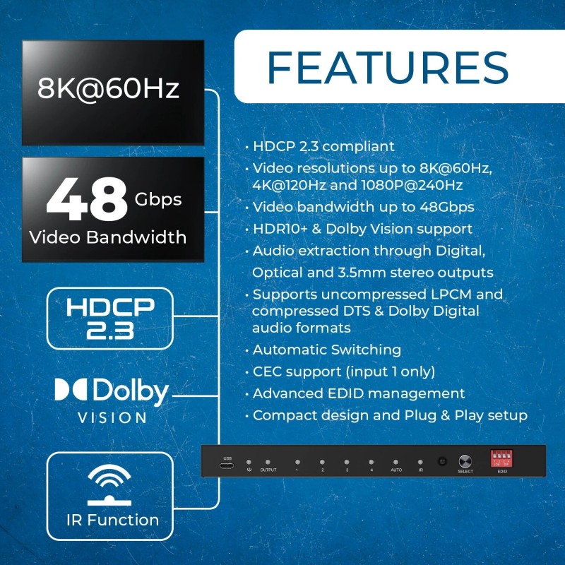 OREI 8K 4-port HDMI™ Switch (Audio Extract) (BK-41A)