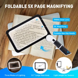 Lupa de página completa con luz, lupa grande para lectura, lupa 5X para personas mayores, lupa cuadrada de mano, lupa de libro iluminada, lupa de visión grande para degeneración macular