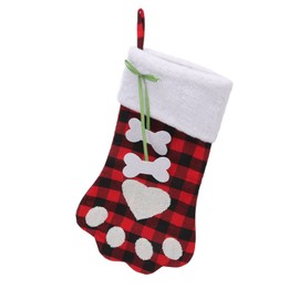 Christmas Stocking Dog Paw Shape Plaid Decorative Gift Bag Christmas Sock for Fireplace Bedside Stair 18.1in