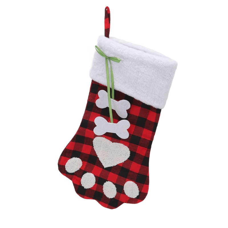 Christmas Stocking Dog Paw Shape Plaid Decorative Gift Bag Christmas