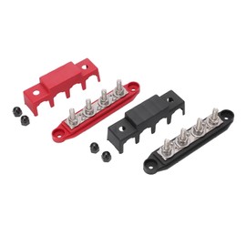 Pasamer 4 Terminal Distribution Block, Black + Red M8 4 Stud Power Distribution Block Busbars with 2 Cover and 4 Nuts, for Cars, RVs, Boats, Yachts