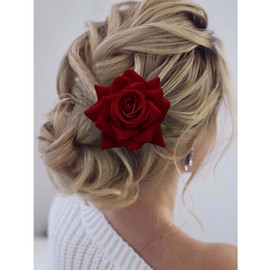 TseenYi Rose Flower Hair Clip Large Flower Fabric Hair Clip Red Floral Hair Pin Rose Hairpiece Bridal Wedding Head Clip Brooch Two Wayjewelry