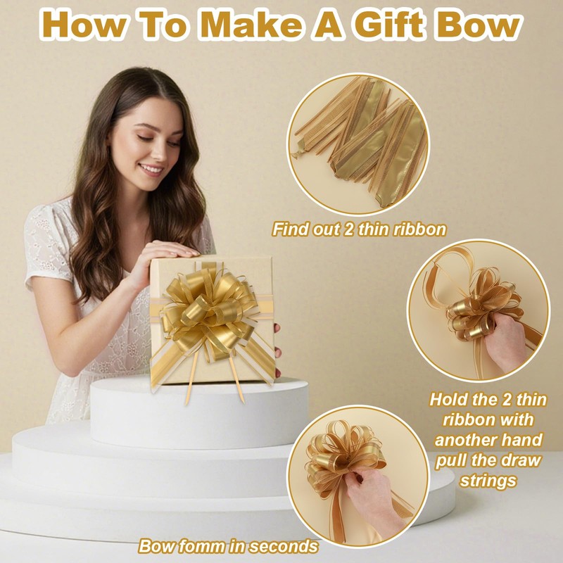 6 Pcs 6 Inch Double-Layered Pull Bows, Organza Ribbon Gold
