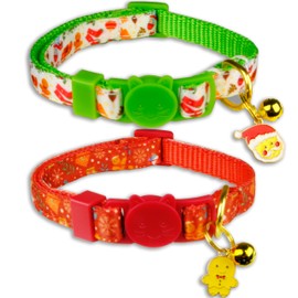 2 Pack Christmas Cat Collars Set Adjustable Breakaway Cat Collars with Santa and Gingerbread Charms, Festive Plaid Patterns for Cats and Small Pets