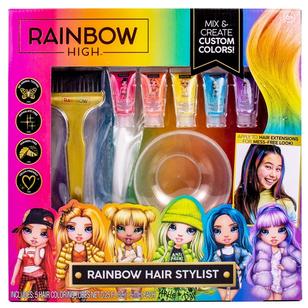 Rainbow High Rainbow Hair Stylist by Horizon Group USA, Includes 5 Vibrant Hair Coloring Gels, 3 Clip-in Extensions for Less-Mess, Mixing Bowl & Brush, Temporary Hair Coloring for Kids, Multi