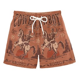 Retro Rodeo Cowboy Boys Swim Trunks Toddler Beach Board Shorts Quick Dry Kids Swimwear Bathing Suits XS