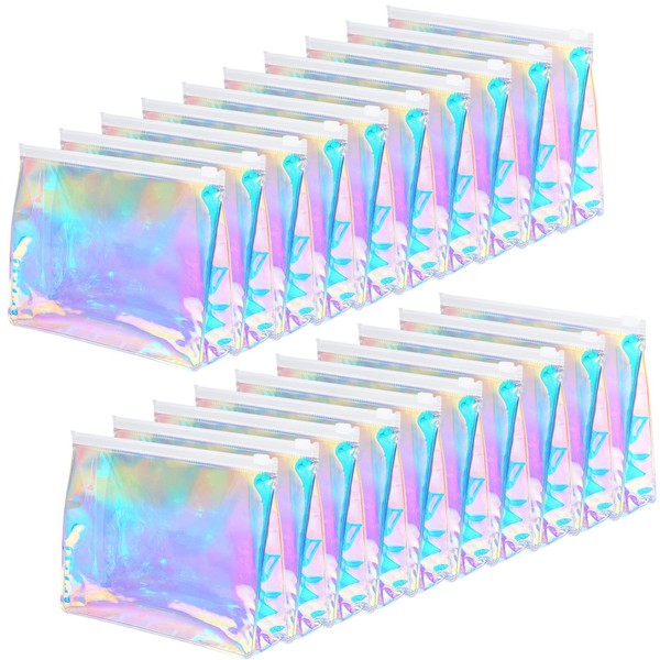 20 Pcs Holographic Makeup Bag Bulk, Clear Iridescent Cosmetic Bag Portable Waterproof PVC Makeup Pouch Zippered Toiletry Bag for Travel Women Girls Gift