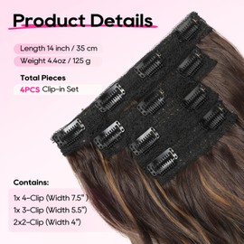 REECHO Hair Extensions, 4PCS Clip in Hair Extensions 14" Short Beach Wavy Hair Extensions Invisible Lace Weft Natural Soft Hairpieces for Women – Deep Brown with Highlights