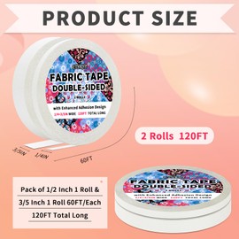 ETNRHP 2 Rolls Double-Sided Fabric Tape with Enhanced Adhesion - Hem Tape No Sewing No Ironing Required Perfect for Clothing Repairs Fabric Bonding Hemming and DIY Crafts (1/4inch+3/5inch)