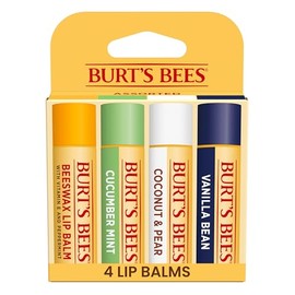 Burt's Bees - Bálsamo labial de cera de abejas, menta, pepino, coco y pera y vainilla, con cera de abejas de origen responsable, sin tinte, tratamiento labial de origen natural, 4 tubos, 0.25 onzas