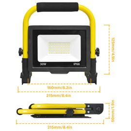 YOJZMA 30W Portable Folding LED Work Light 3000LM LED Construction Lights 6000K White IP66 Waterproof led Work Light on Stand for Garage Terrace Garden Workshop Construction [Energy Class E]