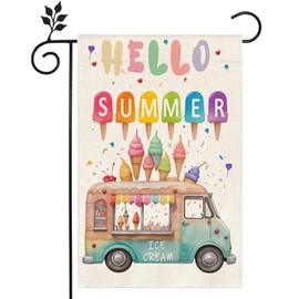 Hello Summer Colorful Car Ice Cream Garden Flag 12x18 inch Double Sided Burlap Home Outdoor Yard Decor Flag